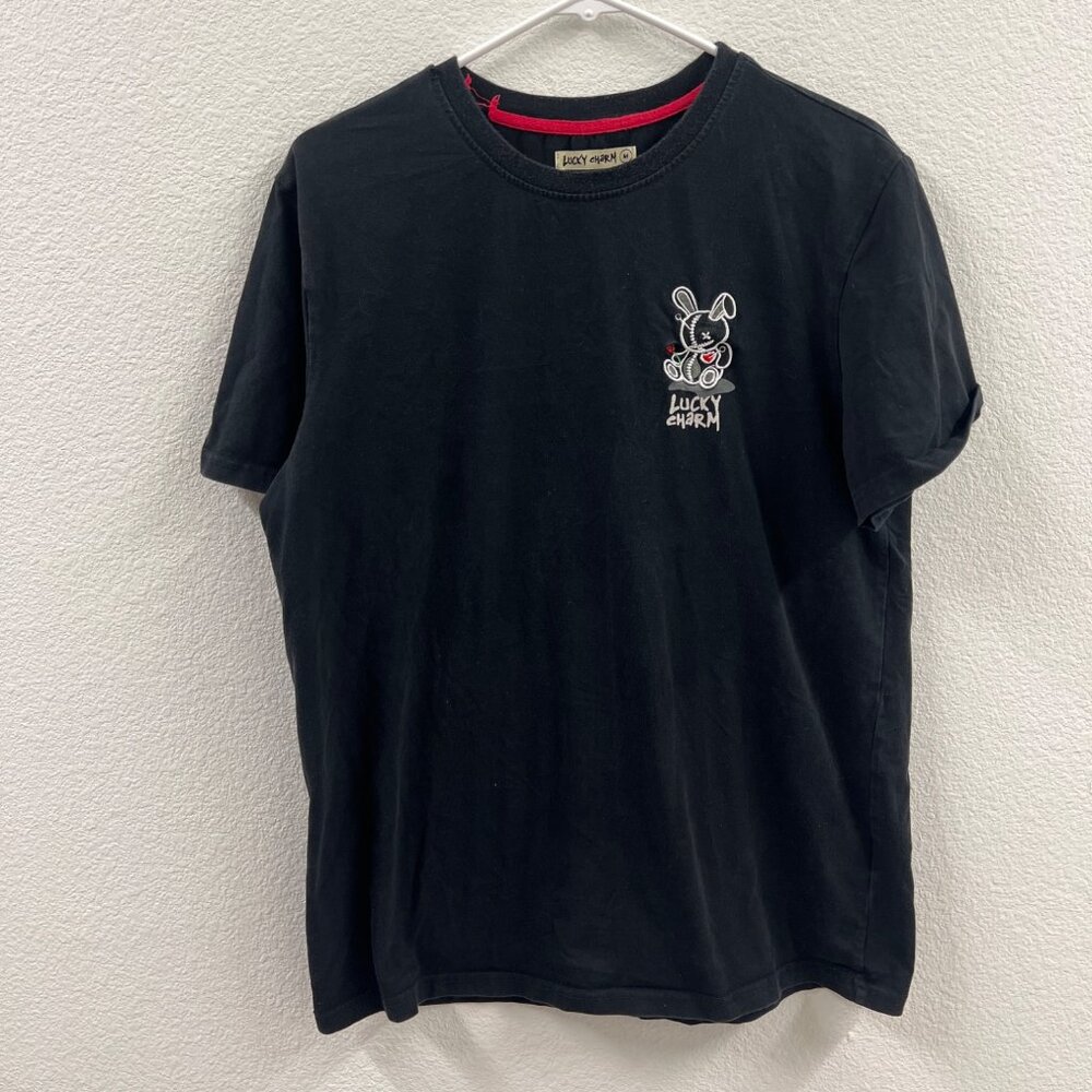 Lucky Charm Black Graphic Short-Sleeve T-Shirt With Red Accents & Bunny Embroide